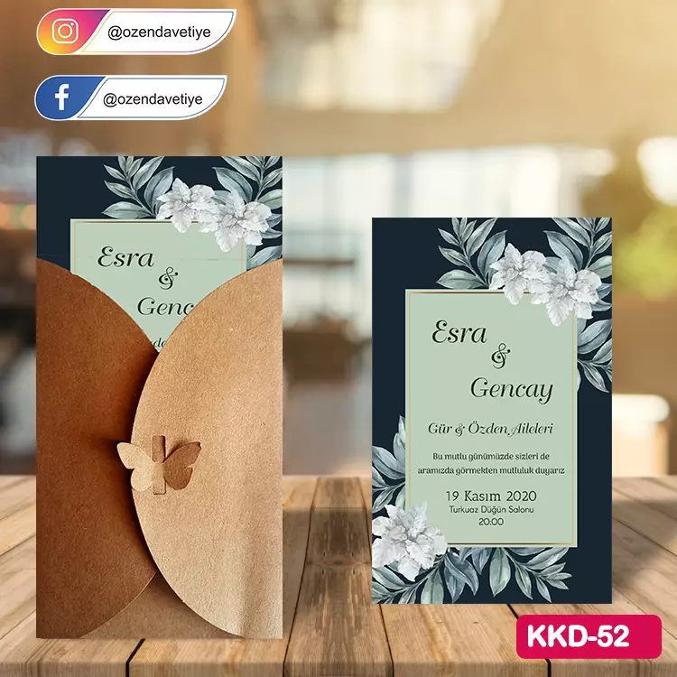 ozen-davetiye-Düğün Davetiyesi -  Kelebekli Kraft Zarflı Davetiye Model No:52